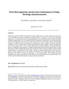 Microsoft Word - Firm Heterogeneity and Investor Inattention to Friday Earnings Announcementsdocx