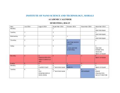 INSTITUTE OF NANO SCIENCE AND TECHNOLOGY, MOHALI ACADEMIC CALENDER SEMESTER-I, Days Monday