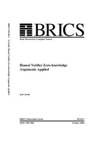 BRICS DS-04-3 J. Groth: Honest Verifier Zero-knowledge Arguments Applied  BRICS Basic Research in Computer Science
