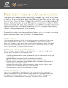 Mast Cell Tumors of Dogs and Cats Older pets often develop cancer, and statistics suggest that cancer is the cause of death in 50 percent of dogs older than 10 years of age. Skin cancer is the most common type of cancer 