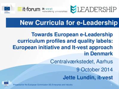 New Curricula for e-Leadership Towards European e-Leadership curriculum profiles and quality labels: European initiative and It-vest approach in Denmark Centralværkstedet, Aarhus