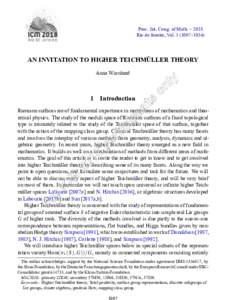 Proc. Int. Cong. of Math. – 2018 Rio de Janeiro, Vol–1034) AN INVITATION TO HIGHER TEICHMÜLLER THEORY Anna Wienhard