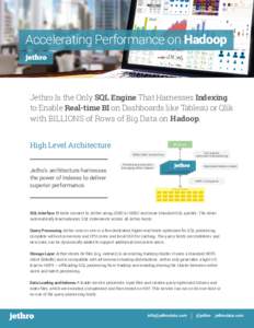 Accelerating Performance on Hadoop  Jethro Is the Only SQL Engine That Harnesses Indexing to Enable Real-time BI on Dashboards like Tableau or Qlik with BILLIONS of Rows of Big Data on Hadoop. High Level Architecture