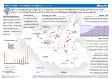 South Sudan: Humanitarian Snapshot (DecemberOver 30 humanitarian crises face South Sudan as 2012 comes to a close. Aid agencies are focused on responding to the needs of over 200,000 refugees, the majority having 