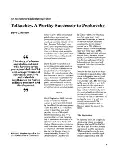 An  Exceptional Espionage Operation Tolkachev, A Worthy Successor a