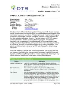 State of Utah  PRODUCT DESCRIPTION Product Number: [removed]DABC I.T. DISASTER RECOVERY PLAN