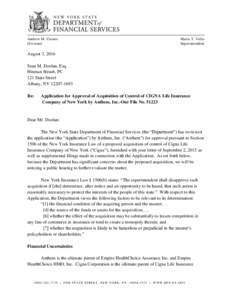 DFS Letter on Application for Approval of Acquisition of Control of CIGNA Life Insurance Company of New York by Anthem, Inc