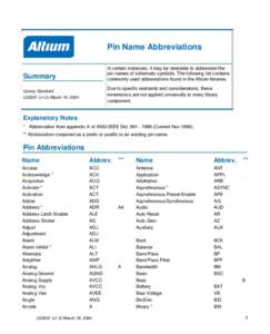 Pin Name Abbreviations In certain instances, it may be desirable to abbreviate the pin names of schematic symbols. The following list contains commonly used abbreviations found in the Altium libraries.  Summary