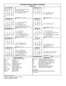 PITTSFIELD SCHOOL DISTRICT CALENDAR[removed]AUG / SEP 2013 M T W T F TW TW[removed]X X[removed]