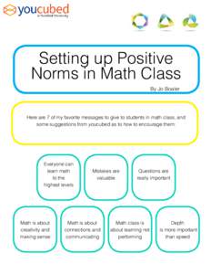 Setting up Positive Norms in Math Class By Jo Boaler Here are 7 of my favorite messages to give to students in math class, and some suggestions from youcubed as to how to encourage them: