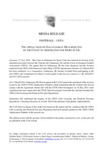 Tribunal Arbitral du Sport  Court of Arbitration for Sport MEDIA RELEASE FOOTBALL - UEFA