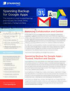 Spanning Backup for Google Apps The industry’s most trusted backup and recovery for Gmail, Drive, Calendars, Contacts & Sites.