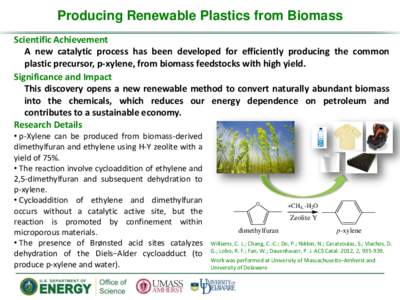 Producing Renewable Plastics from Biomass Scientific Achievement A new catalytic process has been developed for efficiently producing the common plastic precursor, p-xylene, from biomass feedstocks with high yield. Signi