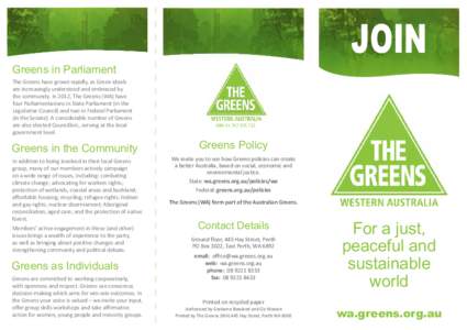 JOIN  Greens in Parliament The Greens have grown rapidly, as Green ideals are increasingly understood and embraced by the community. In 2012, The Greens (WA) have