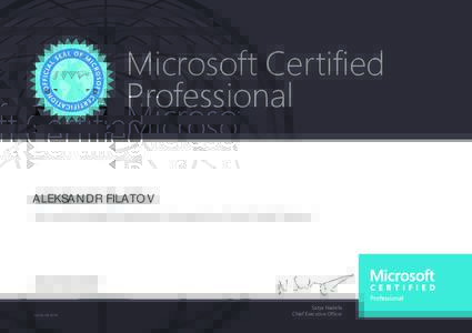 Microsoft Certified Professional ALEKSANDR FILATOV Has successfully completed the requirements to be recognized as a Microsoft Certified Professional.  Date of achievement: 