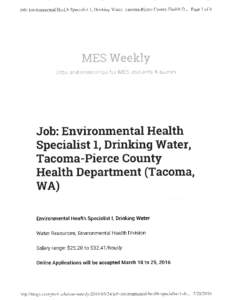 Job: Environmental Health Specialist  l, Drinking Water, Tacoma-Pierce County Health