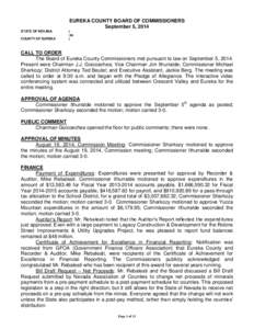 EUREKA COUNTY BOARD OF COMMISSIONERS September 5, 2014 STATE OF NEVADA COUNTY OF EUREKA  )