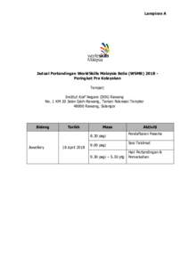 Lampiran A  Jadual Pertandingan WorldSkills Malaysia Belia (WSMBPeringkat Pra Kelayakan Tempat: Institut Kraf Negara (IKN) Rawang No. 1 KM 20 Jalan Ipoh-Rawang, Taman Rekreasi Templer