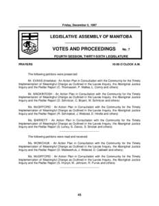 Friday, December 5, 1997  LEGISLATIVE ASSEMBLY OF MANITOBA __________________________  VOTES AND PROCEEDINGS