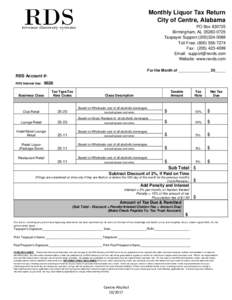 Monthly Liquor Tax Return City of Centre, Alabama PO BoxBirmingham, ALTaxpayer Support:(Toll Free: (