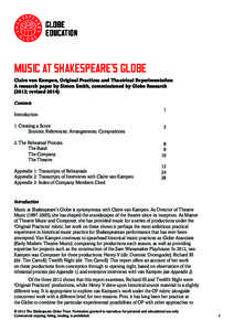 Music at Shakespeare’s Globe Claire van Kampen, Original Practices and Theatrical Experimentation A research paper by Simon Smith, commissioned by Globe Research (2013; revisedContents 1