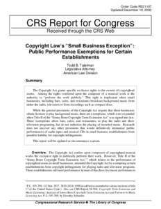 Copyright Law's "Small Business Exception":  Public Performance Exemptions for Certain Establishments