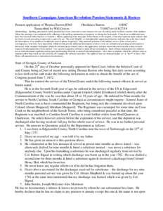 Southern Campaigns American Revolution Pension Statements & Rosters Pension application of Thomas Barron R565 Transcribed by Will Graves Obedience Barron f18NC