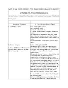 NATIONAL COMMISSION FOR BACKWARD CLASSES (NCBC) (PASTED AT WWW.NCBC.NIC.IN) Persons/Sections Excluded from Reservation which constitute Creamy Layer of the Society Creamy Layer  Description of category