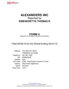 ALEXANDERS INC Reported by DIBENEDETTO THOMAS R FORM 4