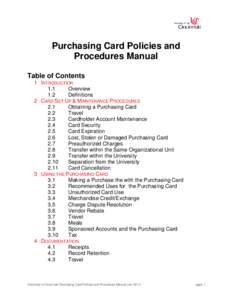 Purchasing Card Policies and Procedures Manual Table of Contents
