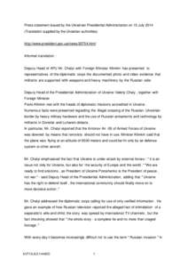 Press statement issued by the Ukrainian Presidential Administration 15 july 2014