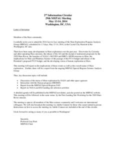 2nd Information Circular 29th MEPAG Meeting May 13-14, 2014 Washington, DC, USA Letter of Invitation