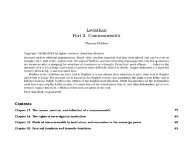 Leviathan Part 2. Commonwealth Thomas Hobbes Copyright ©2010–2015 All rights reserved. Jonathan Bennett [Brackets] enclose editorial explanations. Small ·dots· enclose material that has been added, but can be read a