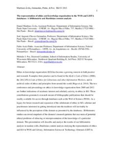 Martínez-Ávila, Guimarães, Pinho, & Fox. EKO3The representation of ethics and knowledge organization in the WOS and LISTA databases: A bibliometric and Bardinian content analysis  Daniel Martínez-Ávila, Assi