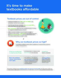 It’s time to make textbooks affordable Textbook prices are out of control. •	 Individual textbooks now often cost over $200, and sometimes cost as much as $400. •	 Over the past decade, textbook prices increased 88
