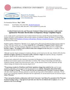 Respiratory Therapy WTCS  - News Release - Cardinal Stritch University and Wisconsin Technical College System Respiratory Therapy Transfer Agreement