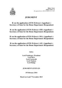 Hilary TermUKSC 12 On appeal from: [2012] EWCA Civ 1336 JUDGMENT R (on the application of EM (Eritrea)) (Appellant) v