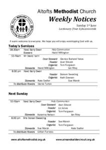 Altofts Methodist Church  Weekly Notices Sunday 1st June  Lectionary (Year A)Asceniontide