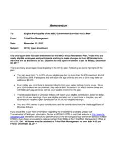 Memorandum To: Eligible Participants of the MBCI Government Services 401(k) Plan  From: