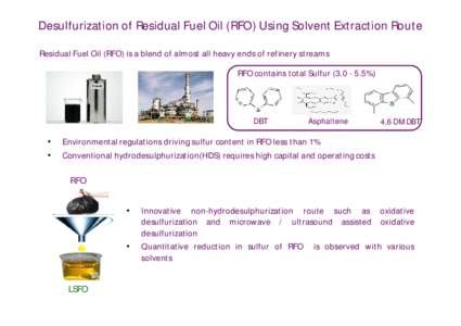 Desulfurization of Residual Fuel Oil (RFO) Using Solvent Extraction Route Residual Fuel Oil (RFO) is a blend of almost all heavy ends of refinery streams RFO contains total Sulfur%) DBT