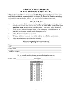 2014 School Health Profiles School Principal Questionnaire