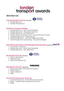 2015 Short List Transport Borough of the Year endorsed by 1. Ealing Borough Council 2. Southwark Borough Council  Excellence in Cycling and Walking