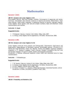 Mathematics Semester 1 (AUG) UM 101: Analysis and Linear Algebra I (3:0) One-variable calculus: Real and Complex numbers; Convergence of sequences and series; Continuity, intermediate value theorem, existence of maxima a