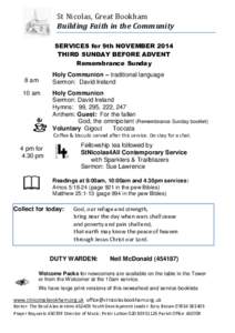 St Nicolas, Great Bookham Building Faith in the Community SERVICES for 9th NOVEMBER 2014 THIRD SUNDAY BEFORE ADVENT Remembrance Sunday Holy Communion – traditional language