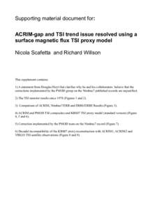 Supporting material document for: ACRIM-gap and TSI trend issue resolved using a surface magnetic flux TSI proxy model Nicola Scafetta and Richard Willson  This supplement contains: