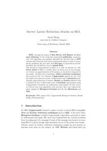 Survey: Lattice Reduction Attacks on RSA David Wong supervised by Guilhem Castagnos University of Bordeaux, March 2015
