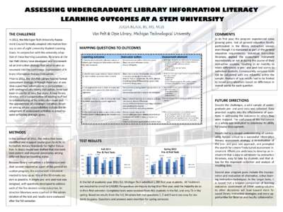 ASSESSING UNDERGRADUATE LIBRARY INFORMATION LITERACY LEARNING OUTCOMES AT A STEM UNIVERSITY JULIA BLAIR, BS, MS, MLIS THE CHALLENGE In 2011, the Michigan Tech University Assessment Council formally adopted information li