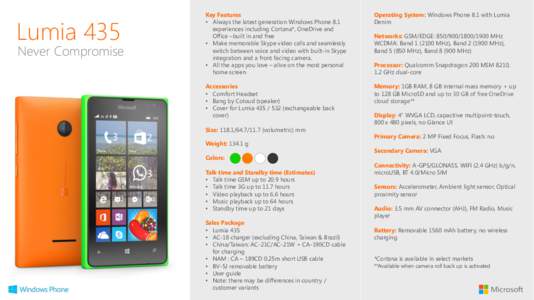 Operating System: Windows Phone 8.1 with Lumia Denim Accessories
 •  Comfort Headset
 •  Bang by Coloud (speaker)