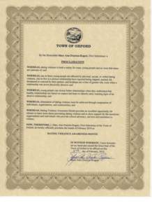 TOWN OF OXFORD By the Honorable Mary Ann Drayton-Rogers, First Selectman: a PROCLAMATION WHEREAS, dating violence is both a reality for many young people and an issue that many are unaware of; and WHEREAS, one in three y