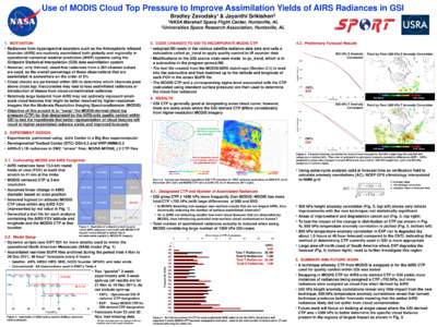 Use of MODIS Cloud Top Pressure to Improve Assimilation Yields of AIRS Radiances in GSI Bradley Zavodsky1 & Jayanthi Srikishen2 1NASA Marshall Space Flight Center, Huntsville, AL 2Universities Space Research Association,